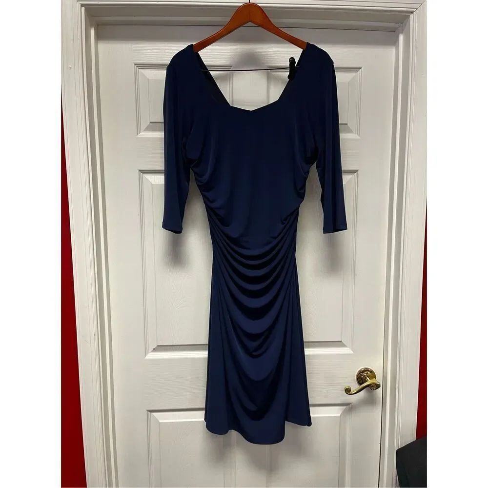 Kiyonna Navy Ruched 3/4 Sleeve Body Con Cocktail Career Dress sz 1 or 14-16 EUC